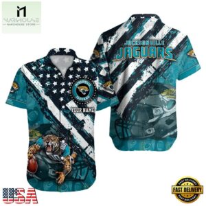 NFL Jacksonville Jaguars Football American Flag Mascot Custom Name Hawaiian Shirt