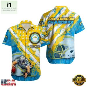 NFL Los Angeles Chargers Football American Flag Mascot Custom Name Hawaiian Shirt