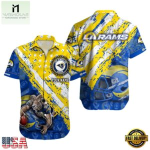 NFL Los Angeles Rams Football American Flag Mascot Custom Name Hawaiian Shirt