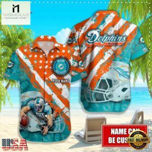 NFL Miami Dolphins Football American Flag Mascot Custom Name Hawaiian Shirt