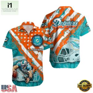 NFL Miami Dolphins Football American Flag Mascot Custom Name Hawaiian Shirt