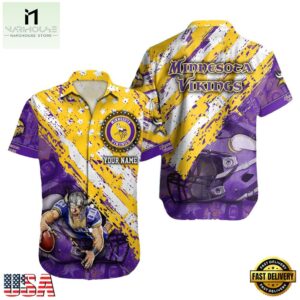 NFL Minnesota Vikings Football American Flag Mascot Custom Name Hawaiian Shirt