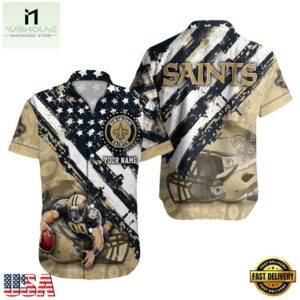 NFL New Orleans Saints Football American Flag Mascot Custom Name Hawaiian Shirt