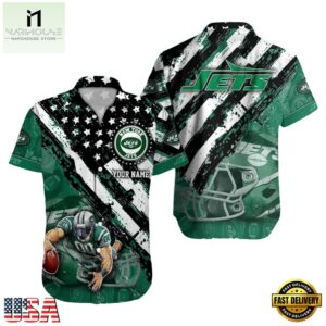 NFL New York Jets Football American Flag Mascot Custom Name Hawaiian Shirt