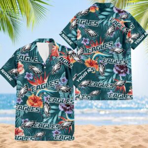 NFL Philadelphia Eagles Football Team Flower Summer Design Hawaiian Button Shirt
