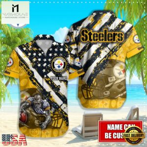 NFL Pittsburgh Steelers Football American Flag Mascot Custom Name Hawaiian Shirt