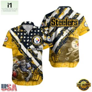 NFL Pittsburgh Steelers Football American Flag Mascot Custom Name Hawaiian Shirt