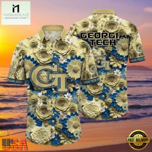 NCAA Georgia Tech Yellow Jackets Flower Button Up Hawaiian Shirt 3D Shirt, Georgia Tech Yellow Jackets Football Fathers Day Gifts