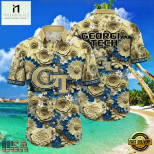NCAA Georgia Tech Yellow Jackets Flower Button Up Hawaiian Shirt 3D Shirt, Georgia Tech Yellow Jackets Football Fathers Day Gifts