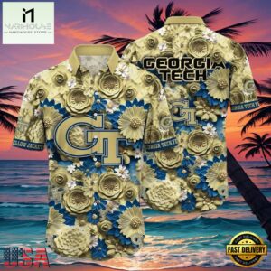 NCAA Georgia Tech Yellow Jackets Flower Button Up Hawaiian Shirt 3D Shirt, Georgia Tech Yellow Jackets Football Fathers Day Gifts