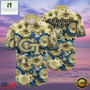 NCAA Georgia Tech Yellow Jackets Flower Button Up Hawaiian Shirt 3D Shirt, Georgia Tech Yellow Jackets Football Fathers Day Gifts