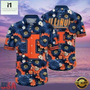 NCAA Illinois Fighting Illini Flower Button Up Hawaiian Shirt 3D Shirt, Illinois Fighting Illini Football Gifts For Dad