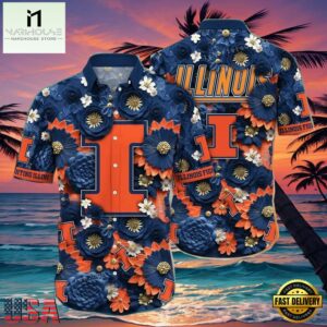 NCAA Illinois Fighting Illini Flower Button Up Hawaiian Shirt 3D Shirt, Illinois Fighting Illini Football Gifts For Dad