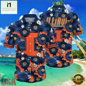 NCAA Illinois Fighting Illini Flower Button Up Hawaiian Shirt 3D Shirt, Illinois Fighting Illini Football Gifts For Dad