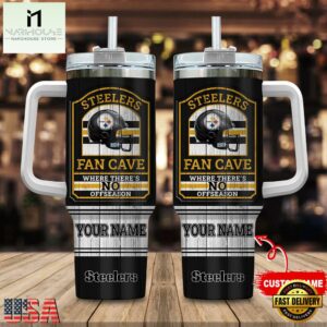 Custom Name Pittsburgh Steelers NFL Fan Cave Stainless Steel Tumbler 40Oz With Handle