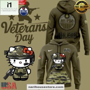 Hello Kitty x Edmonton Oilers Special Veterans Day All Over Print Hoodie Shirt