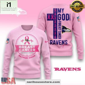 Baltimore Ravens 2025 NFL My God Is Stronger Than Breast Cancer Chritmas Sweater