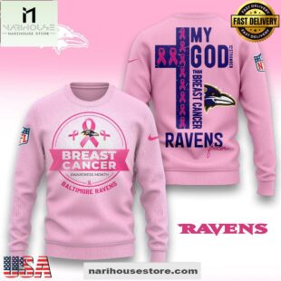 Baltimore Ravens 2025 NFL My God Is Stronger Than Breast Cancer Chritmas Sweater
