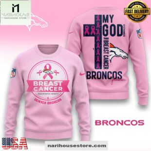 Denver Broncos 2025 NFL My God Is Stronger Than Breast Cancer Chritmas Sweater