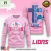 Detroit Lions 2025 NFL My God Is Stronger Than Breast Cancer Chritmas Sweater