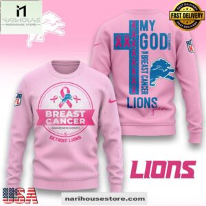 Detroit Lions 2025 NFL My God Is Stronger Than Breast Cancer Chritmas Sweater