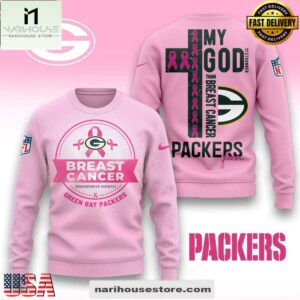 Green Bay Packers 2025 NFL My God Is Stronger Than Breast Cancer Chritmas Sweater