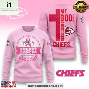 Kansas City Chiefs 2025 NFL My God Is Stronger Than Breast Cancer Chritmas Sweater