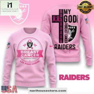 Las Vegas Raiders 2025 NFL My God Is Stronger Than Breast Cancer Chritmas Sweater