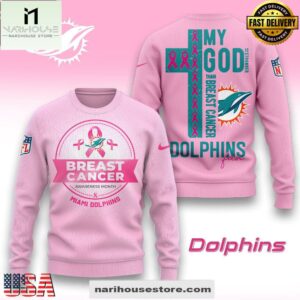 Miami Dolphins 2025 NFL My God Is Stronger Than Breast Cancer Chritmas Sweater
