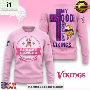 Minnesota Vikings 2025 NFL My God Is Stronger Than Breast Cancer Chritmas Sweater