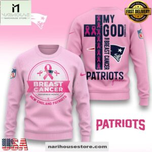New England Patriots 2025 NFL My God Is Stronger Than Breast Cancer Chritmas Sweater