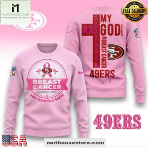 San Francisco 49ers 2025 NFL My God Is Stronger Than Breast Cancer Chritmas Sweater
