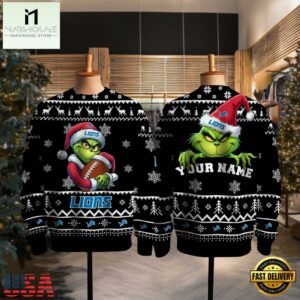 Detroit Lions 2025 NFL Grinch Football Personalized Ugly Christmas Sweater