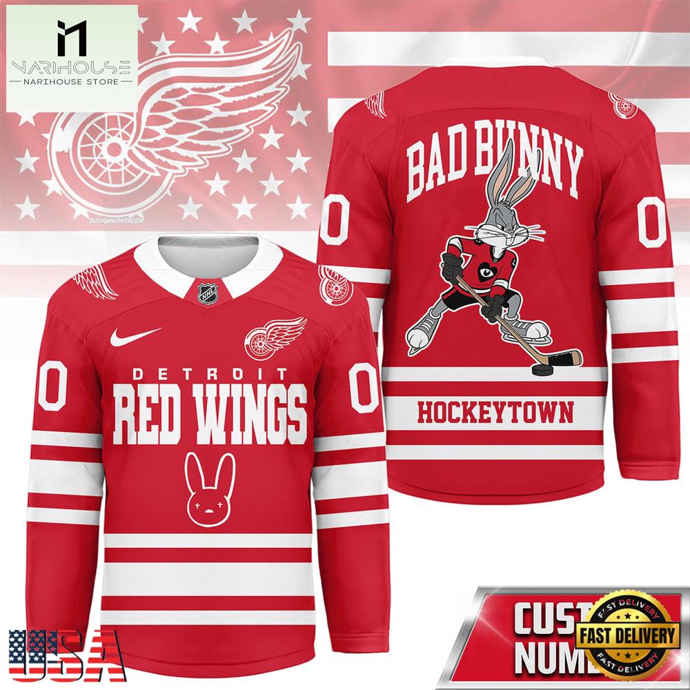 NHL Detroit Red Wings x Bad Bunny New Season 2026 Custom Hockey Jersey NHL Detroit Red Wings x Bad Bunny New Season 2026 Custom Hockey Jersey