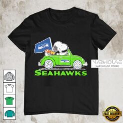 Seattle Seahawks x Snoopy and Woodstock Driving Car 2025 Graphic T-Shirt