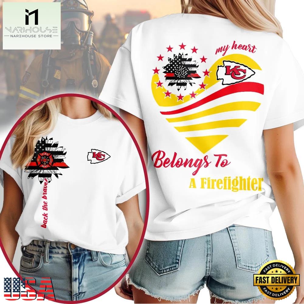 Kansas City Chiefs 2026 NFL My Heart Belongs To A Firefighter Women Shirt Kansas City Chiefs 2026 NFL My Heart Belongs To A Firefighter Women Shirt