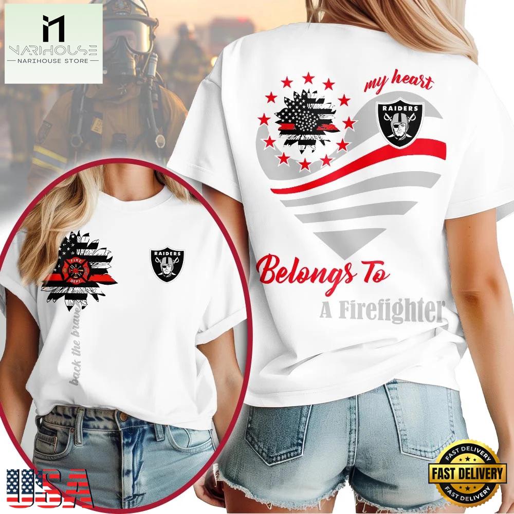 Las Vegas Raiders 2026 NFL My Heart Belongs To A Firefighter Women Shirt Las Vegas Raiders 2026 NFL My Heart Belongs To A Firefighter Women Shirt