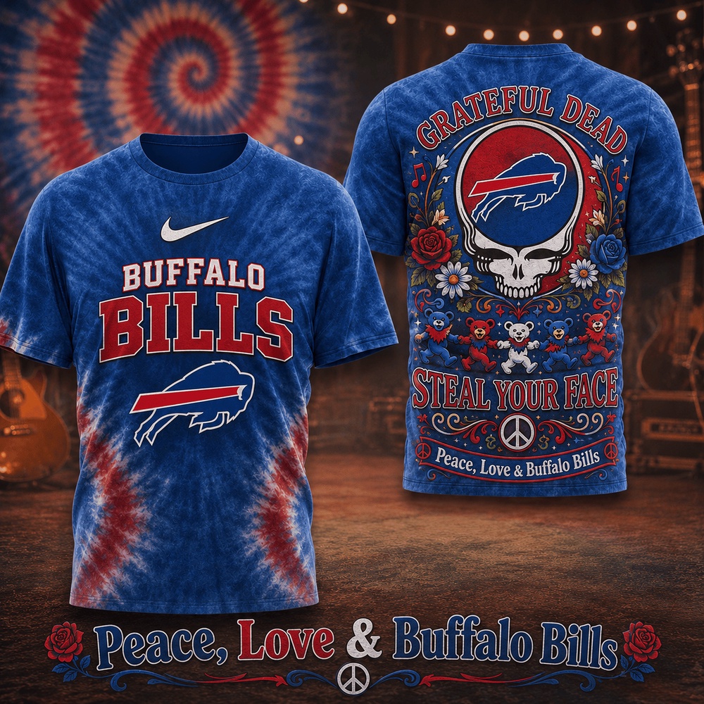 Buffalo Bills NFL x Greateful Dead Peace Love All Over Print T Shirt Buffalo Bills NFL x Greateful Dead Peace Love All Over Print T Shirt