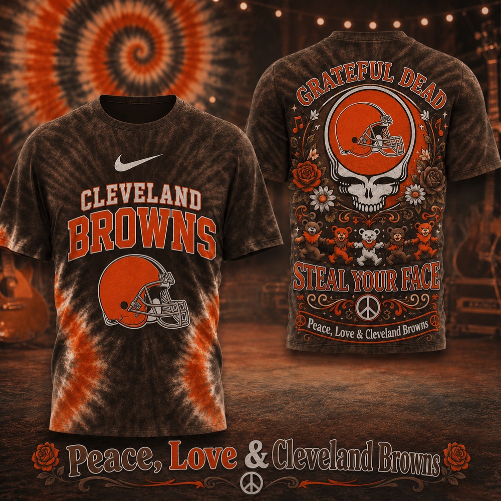 Cleveland Browns NFL x Greateful Dead Peace Love All Over Print T Shirt Cleveland Browns NFL x Greateful Dead Peace Love All Over Print T Shirt