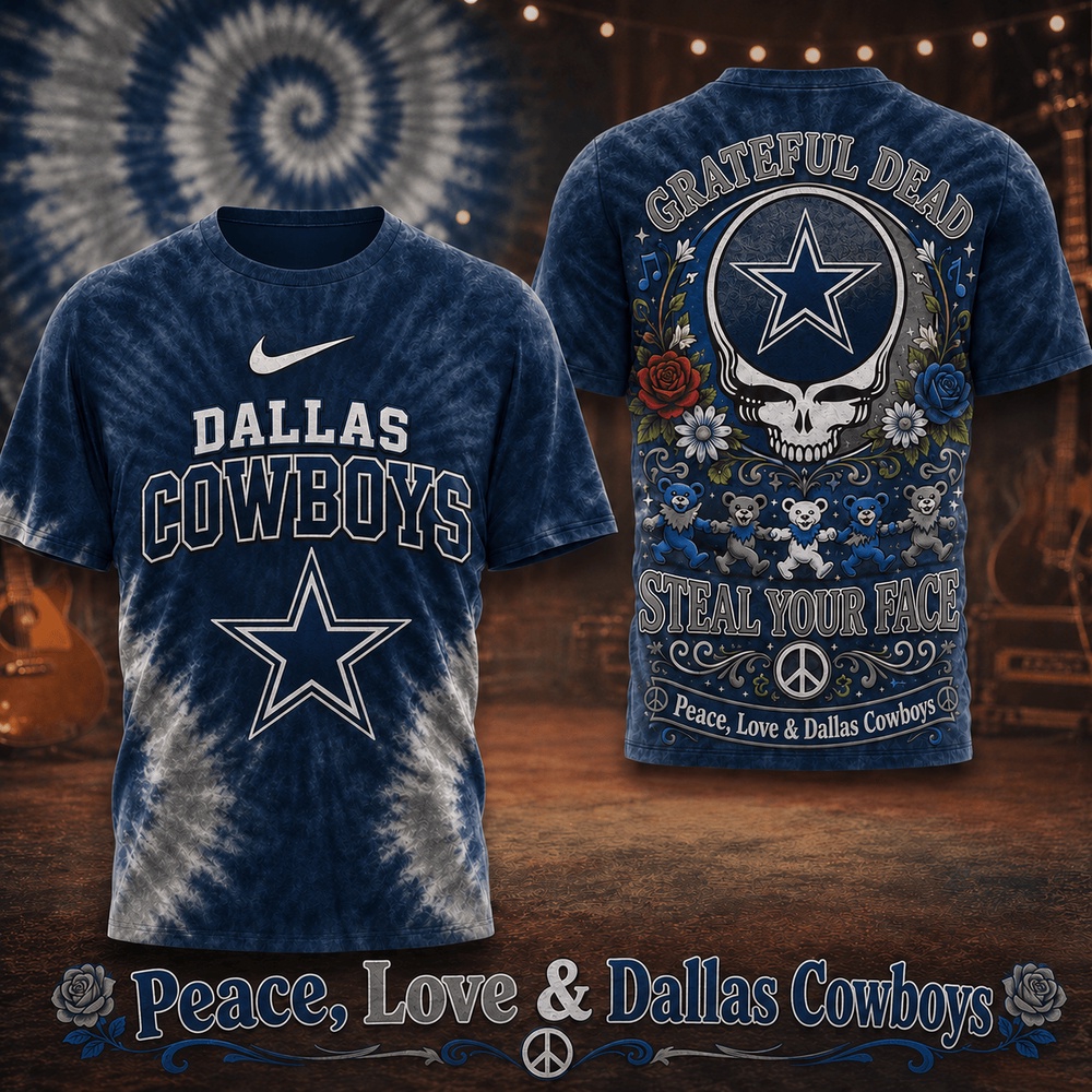 Dallas Cowboys NFL x Greateful Dead Peace Love All Over Print T Shirt Dallas Cowboys NFL x Greateful Dead Peace Love All Over Print T Shirt
