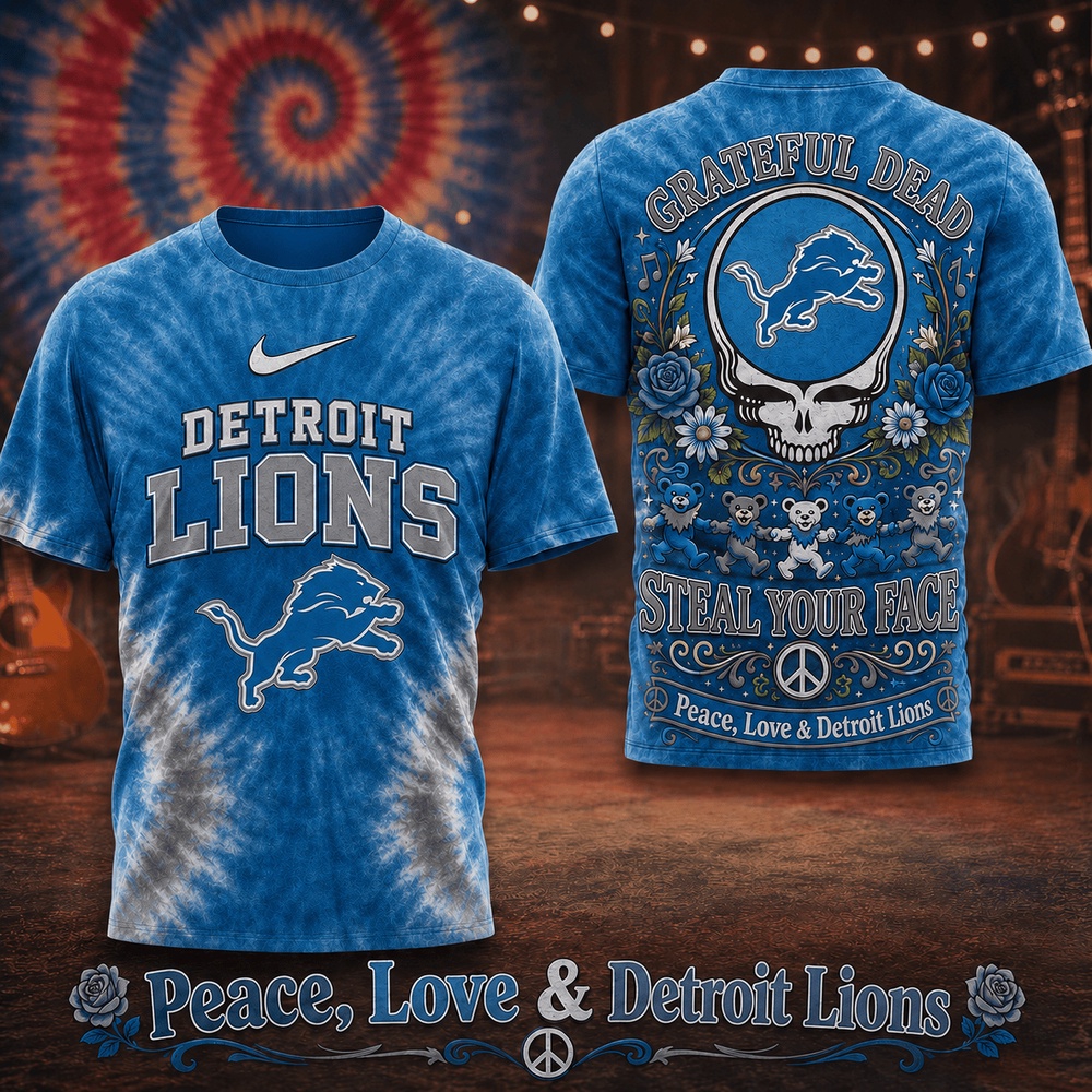 Detroit Lions NFL x Greateful Dead Peace Love All Over Print T Shirt Detroit Lions NFL x Greateful Dead Peace Love All Over Print T Shirt