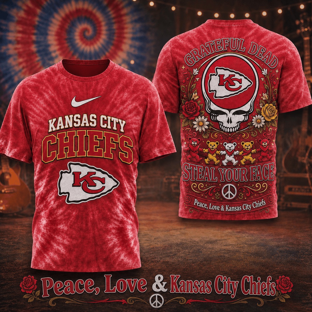 Kansas City Chiefs NFL x Greateful Dead Peace Love All Over Print T Shirt Kansas City Chiefs NFL x Greateful Dead Peace Love All Over Print T Shirt