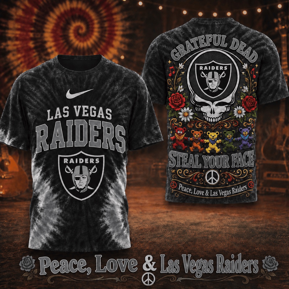 Las Vegas Raiders NFL x Greateful Dead Peace Love All Over Print T Shirt Las Vegas Raiders NFL x Greateful Dead Peace Love All Over Print T Shirt