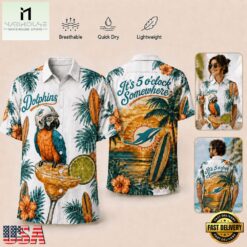 Miami Dolphins NFL It's 5 O'clock Somewhere Button Up Tropical Parrot Hawaiian Shirt