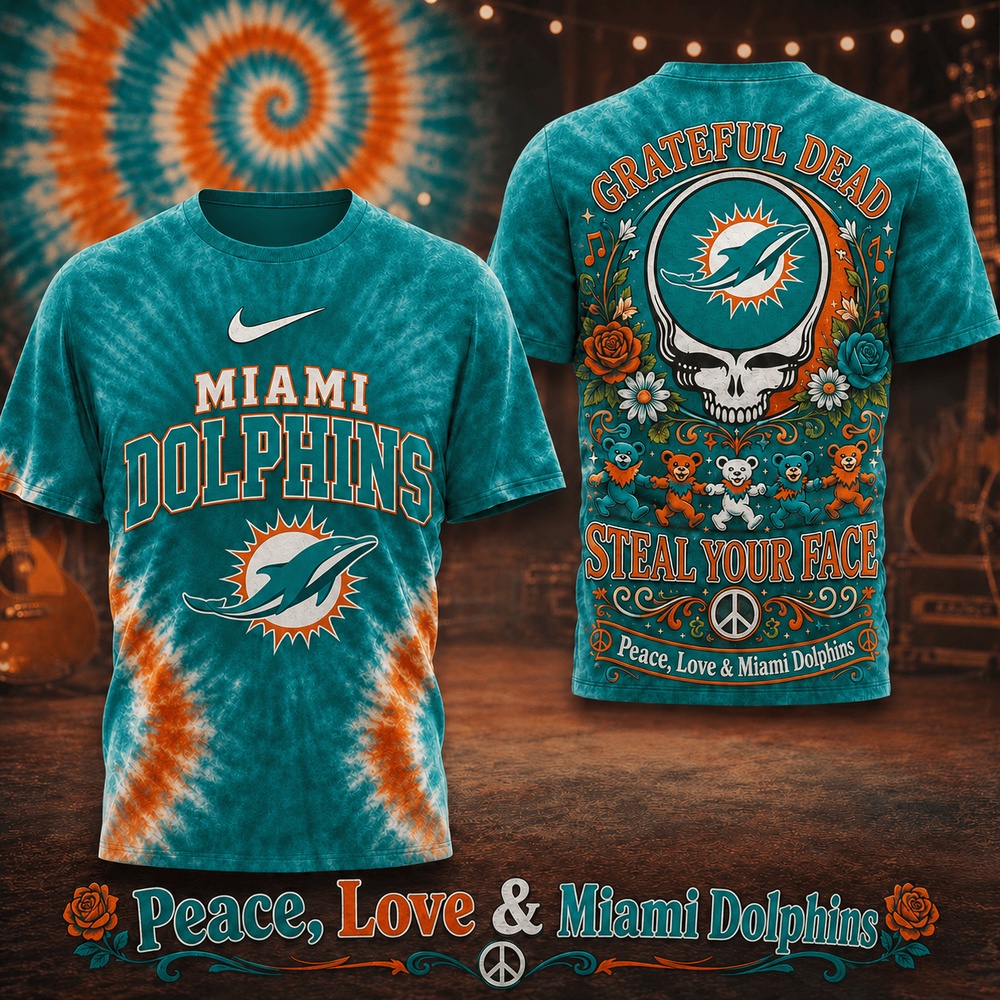 Miami Dolphins NFL x Greateful Dead Peace Love All Over Print T Shirt Miami Dolphins NFL x Greateful Dead Peace Love All Over Print T Shirt