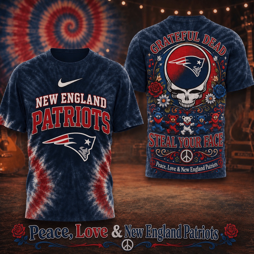 New England Patriots NFL x Greateful Dead Peace Love All Over Print T Shirt New England Patriots NFL x Greateful Dead Peace Love All Over Print T Shirt