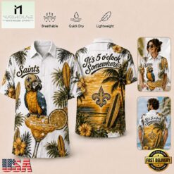 New Orleans Saints NFL It's 5 O'clock Somewhere Button Up Tropical Parrot Hawaiian Shirt