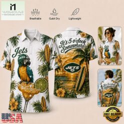 New York Jets NFL It's 5 O'clock Somewhere Button Up Tropical Parrot Hawaiian Shirt