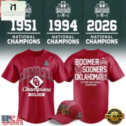 Oklahoma Sooners 2026 NCAA Baseball 3-Time National Champions Baseball Jersey