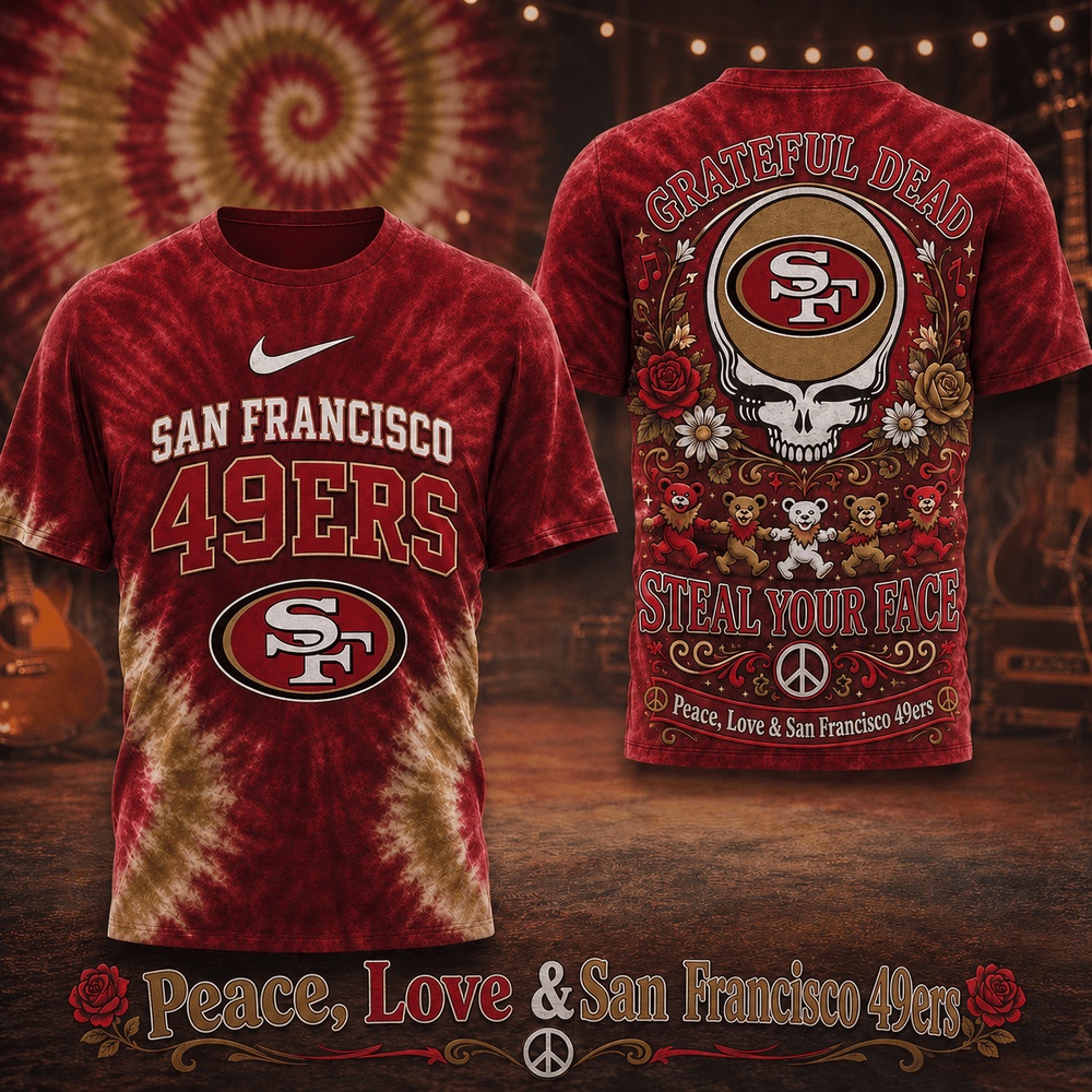 San Francisco 49ers NFL x Greateful Dead Peace Love All Over Print T Shirt San Francisco 49ers NFL x Greateful Dead Peace Love All Over Print T Shirt